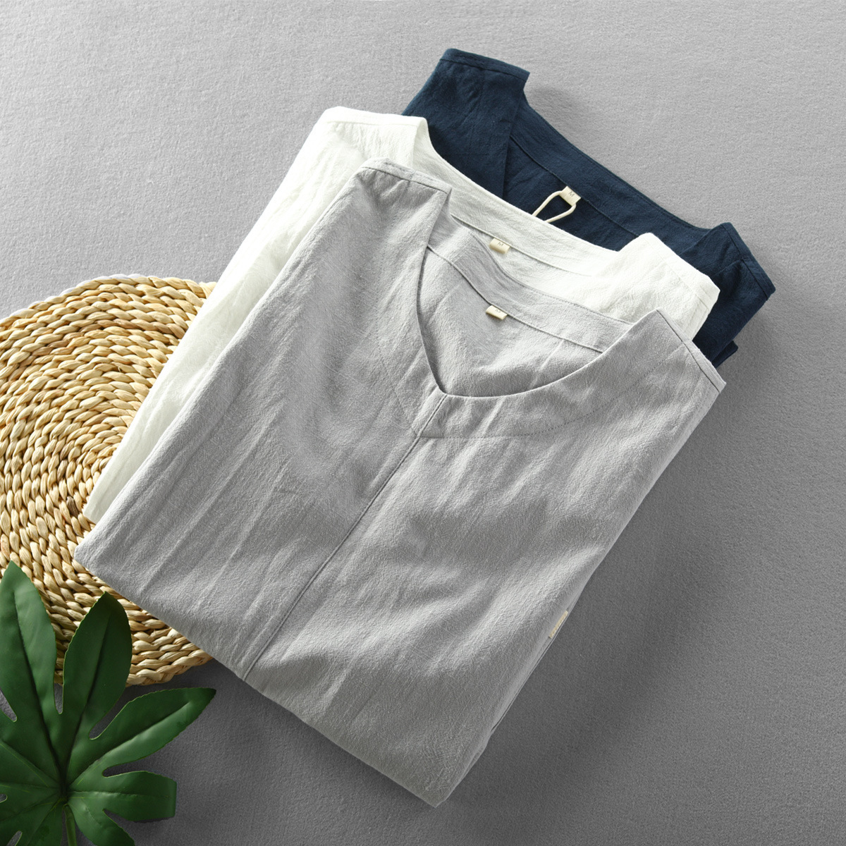 Linen Short-sleeved T-shirt Simplicity Casual Thin Pullover V-neck T-shirt Foreign Trade